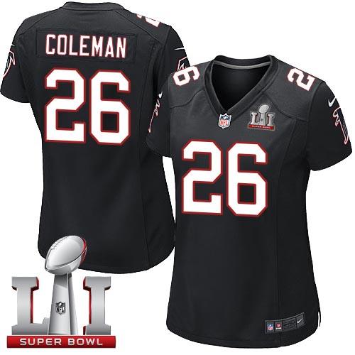Nike Falcons #26 Tevin Coleman Black Alternate Super Bowl LI 51 Women's Stitched NFL Elite Jersey - Click Image to Close